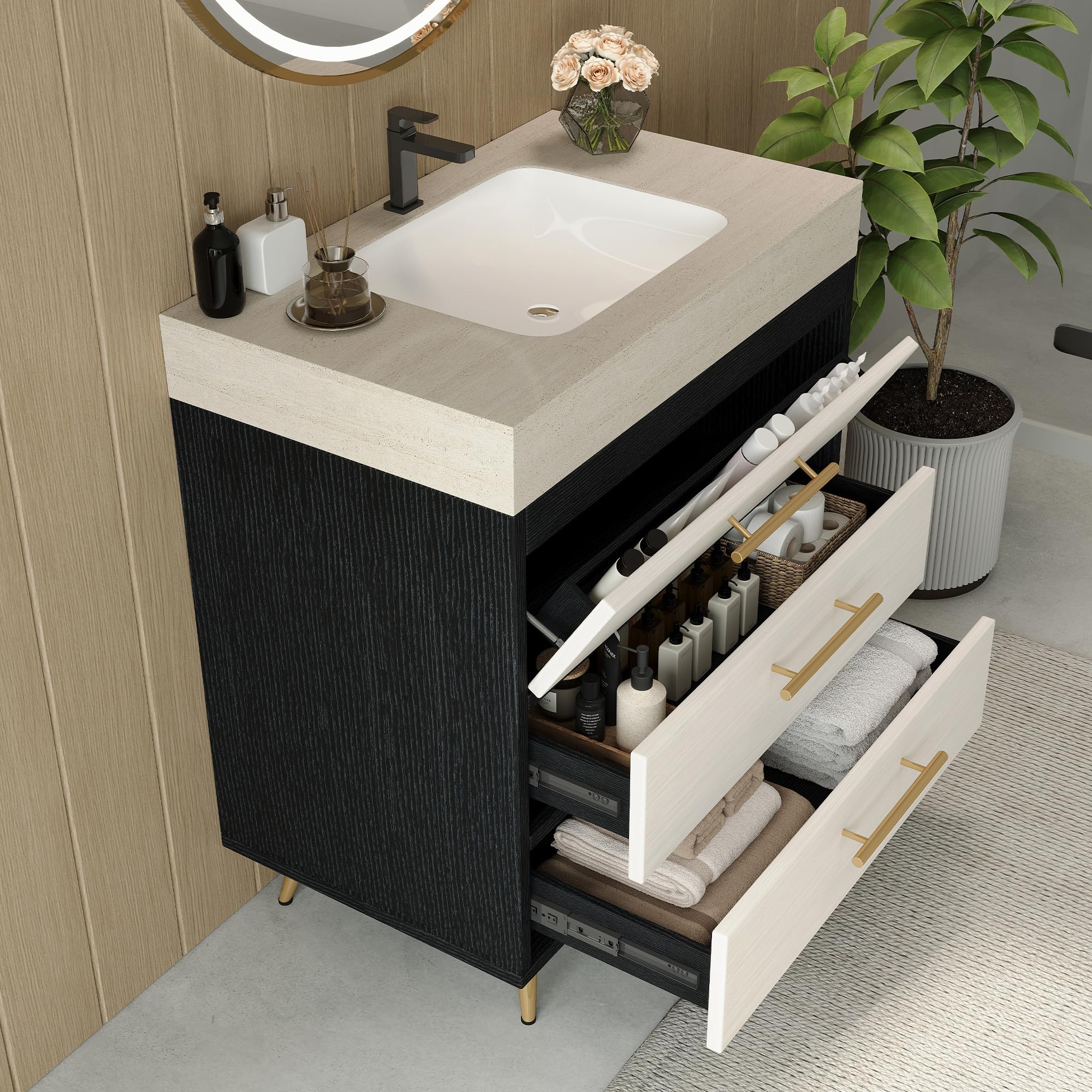 Glintee 36" Modern Bathroom Vanity with Ceramic Sink – Sintered Stone Top, 4 Soft-Close Drawers, Sturdy Solid Wood Cabinet, Wall-Mounted or Freestanding, Easy Assembly, Black & White
