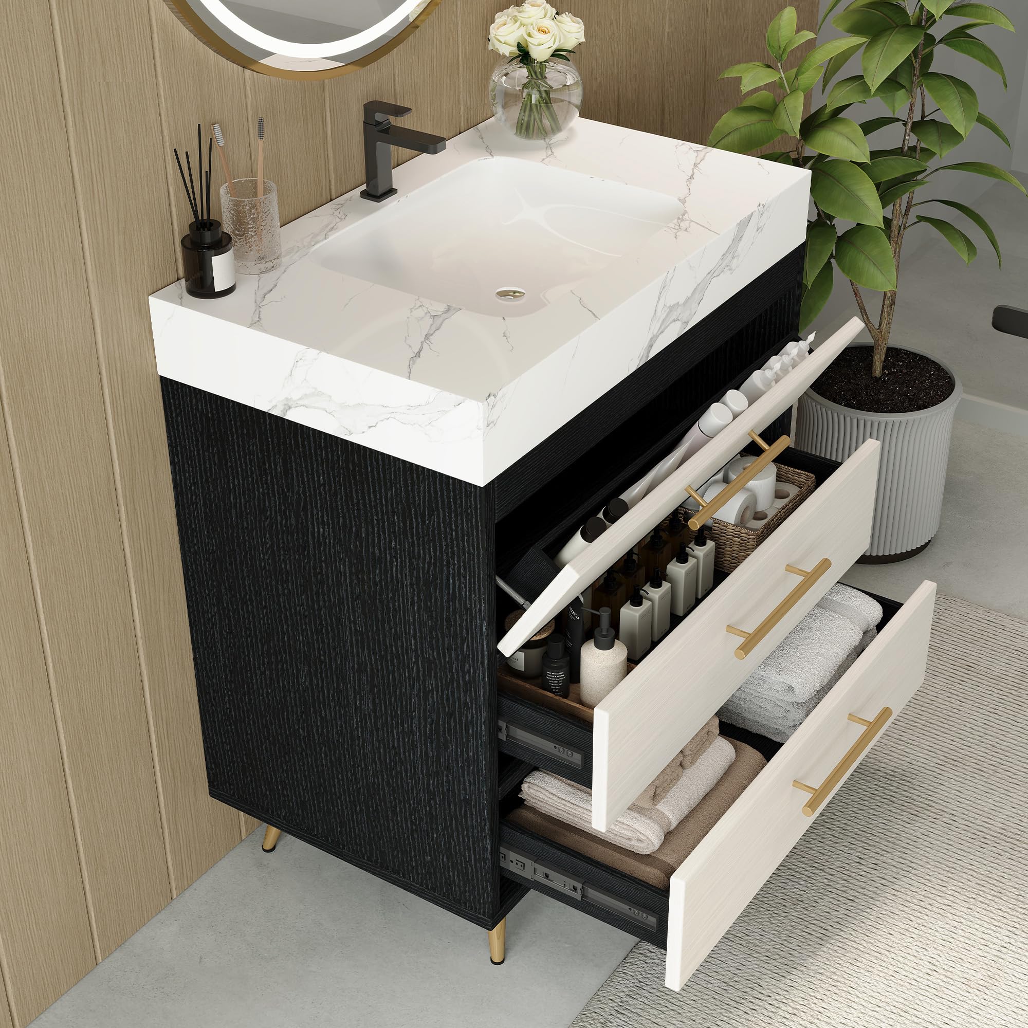 Glintee 36" Modern Bathroom Vanity with Ceramic Sink – Sintered Stone Top, 4 Soft-Close Drawers, Sturdy Solid Wood Cabinet, Wall-Mounted or Freestanding, Easy Assembly, Black & White