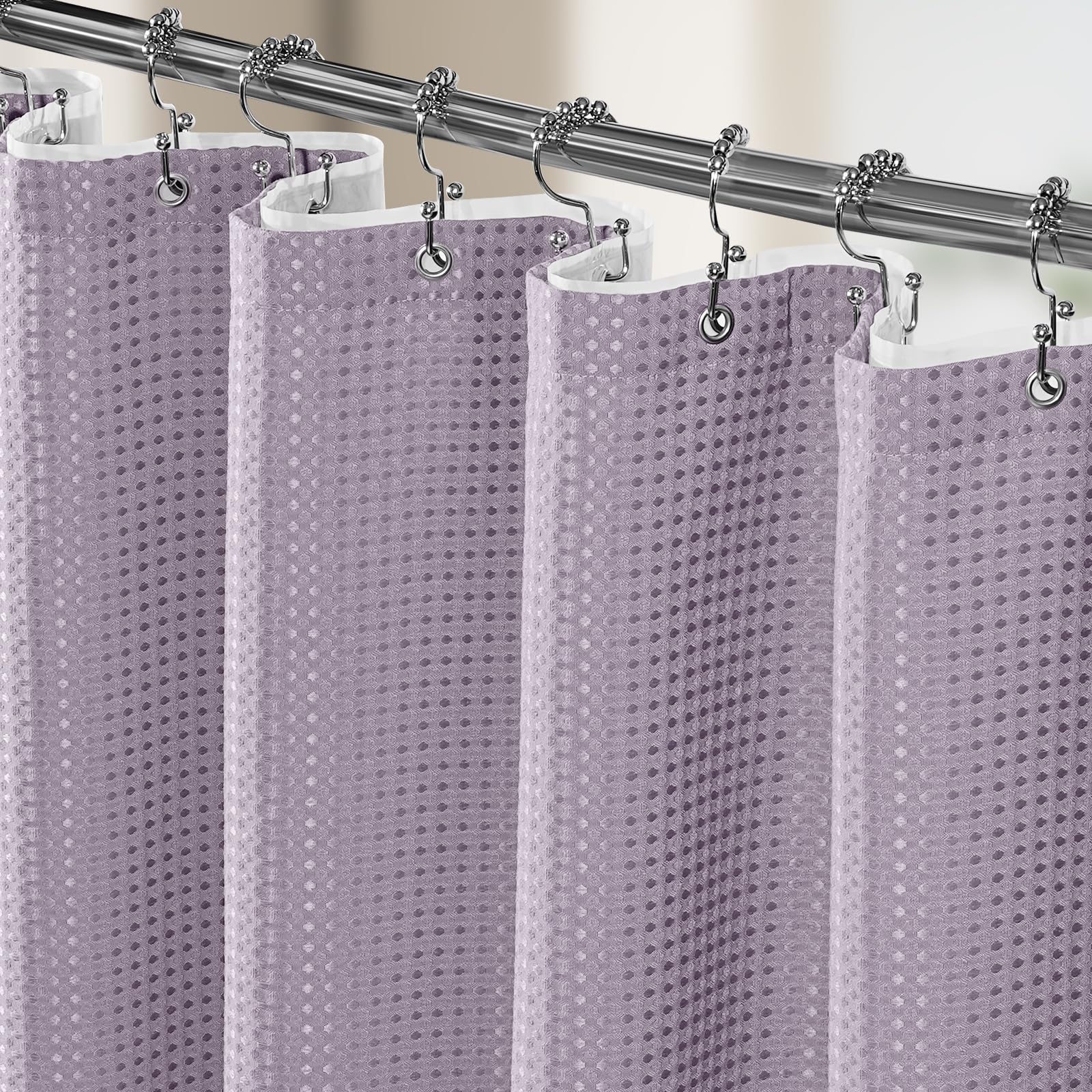 Vipfree 3 in 1 Shower Curtain Set, Waffle Shower Curtain and Liner Set with 12 Double Sided Shower Curtain Hooks, 258GSM Luxury Weighted Cloth Shower Curtains for Bathroom, 72 W x 72 H, White
