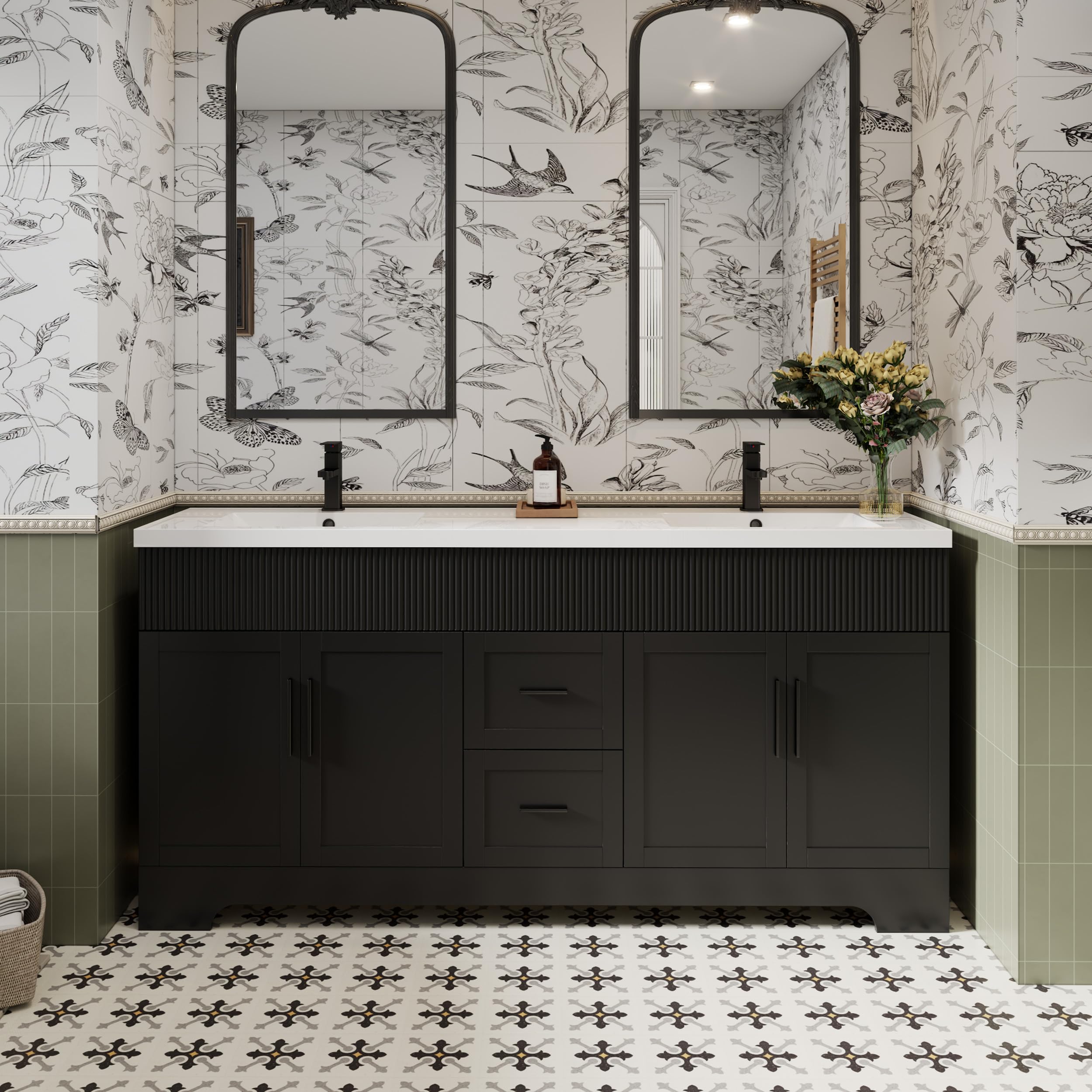 eclife 36" Bathroom Vanities Sink Combo with Painted Surface, Modern Drawered Cabinet W/Decorative Wave Lines, Undermount Single Sink, Matte Black Faucet Drain, Gray Green
