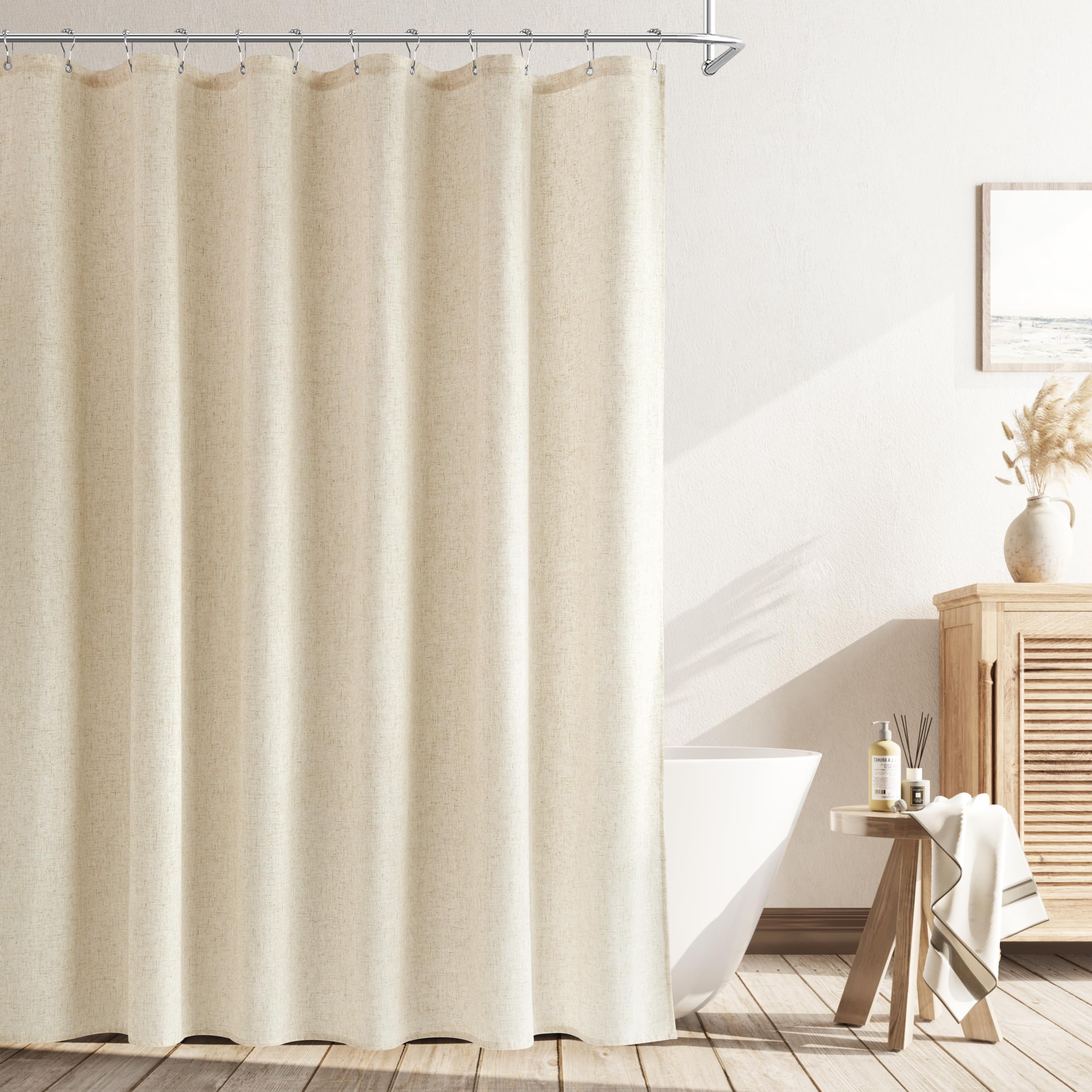 Naturoom Natural Linen Shower Curtain, Country Boho Farmhouse Bath Decor Beige Shower Curtains for Bathroom Neutral Cloth Weighted Textured Fabric Bath Curtain Liner with Hooks, Cream, 72 Inch