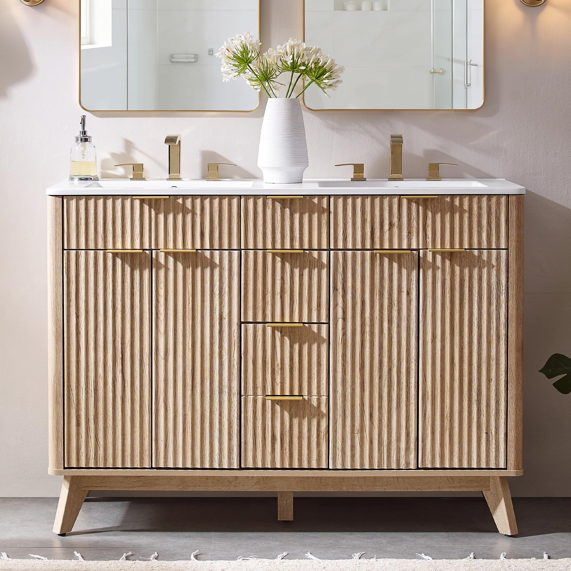 T4TREAM 30" Fluted Bathroom Vanity with Ceramic Sink Combo，Freestanding Modern Bathroom Storage Vanity Cabinet with 2 Soft Closing Doors & 3 Drawers，Wood Grain Texture，Metal Handle，Natural Oak | Fluted, Freestanding, Modern, Bathroom Storage, Vanity Cabin