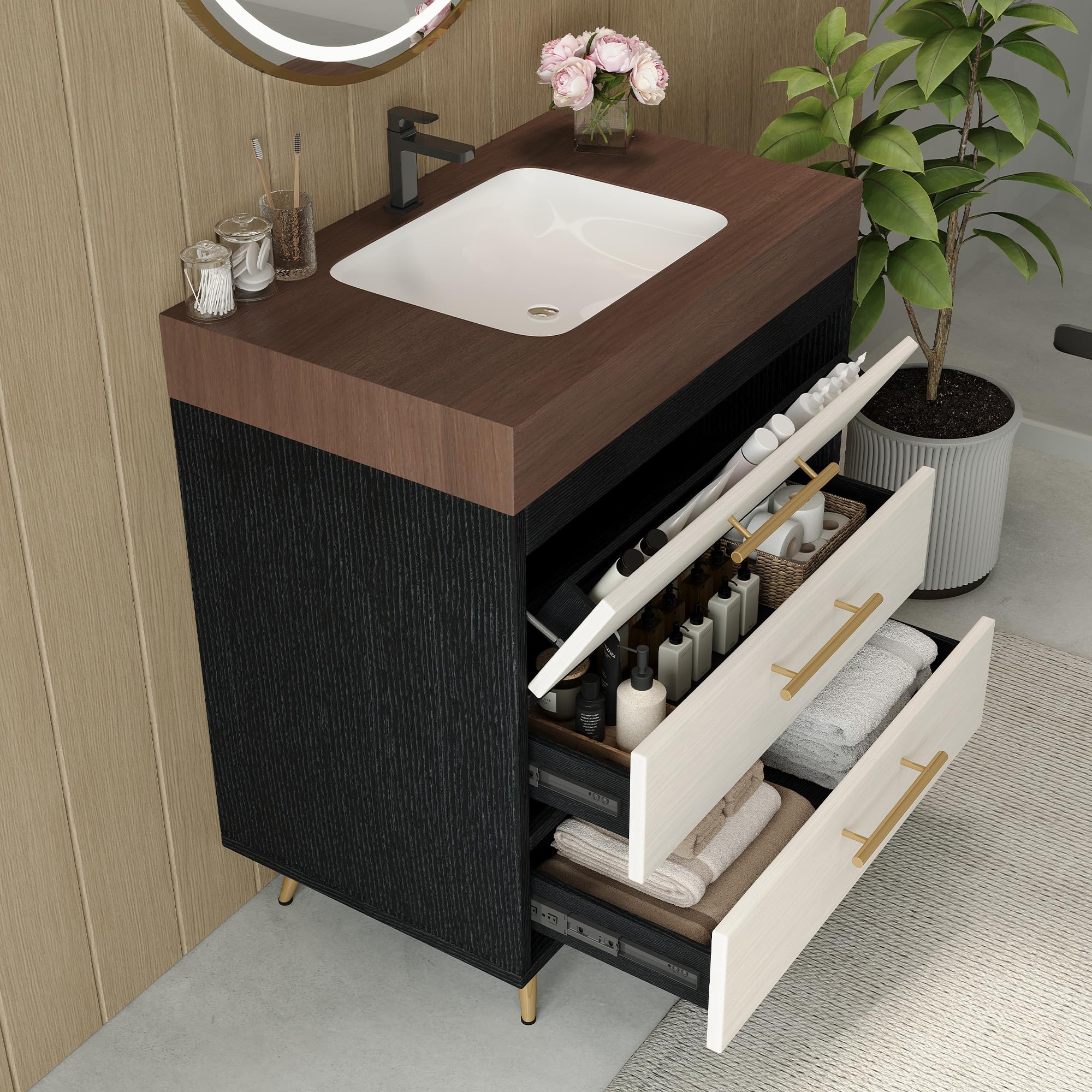 Glintee 36" Modern Bathroom Vanity with Ceramic Sink – Sintered Stone Top, 4 Soft-Close Drawers, Sturdy Solid Wood Cabinet, Wall-Mounted or Freestanding, Easy Assembly, Black & White
