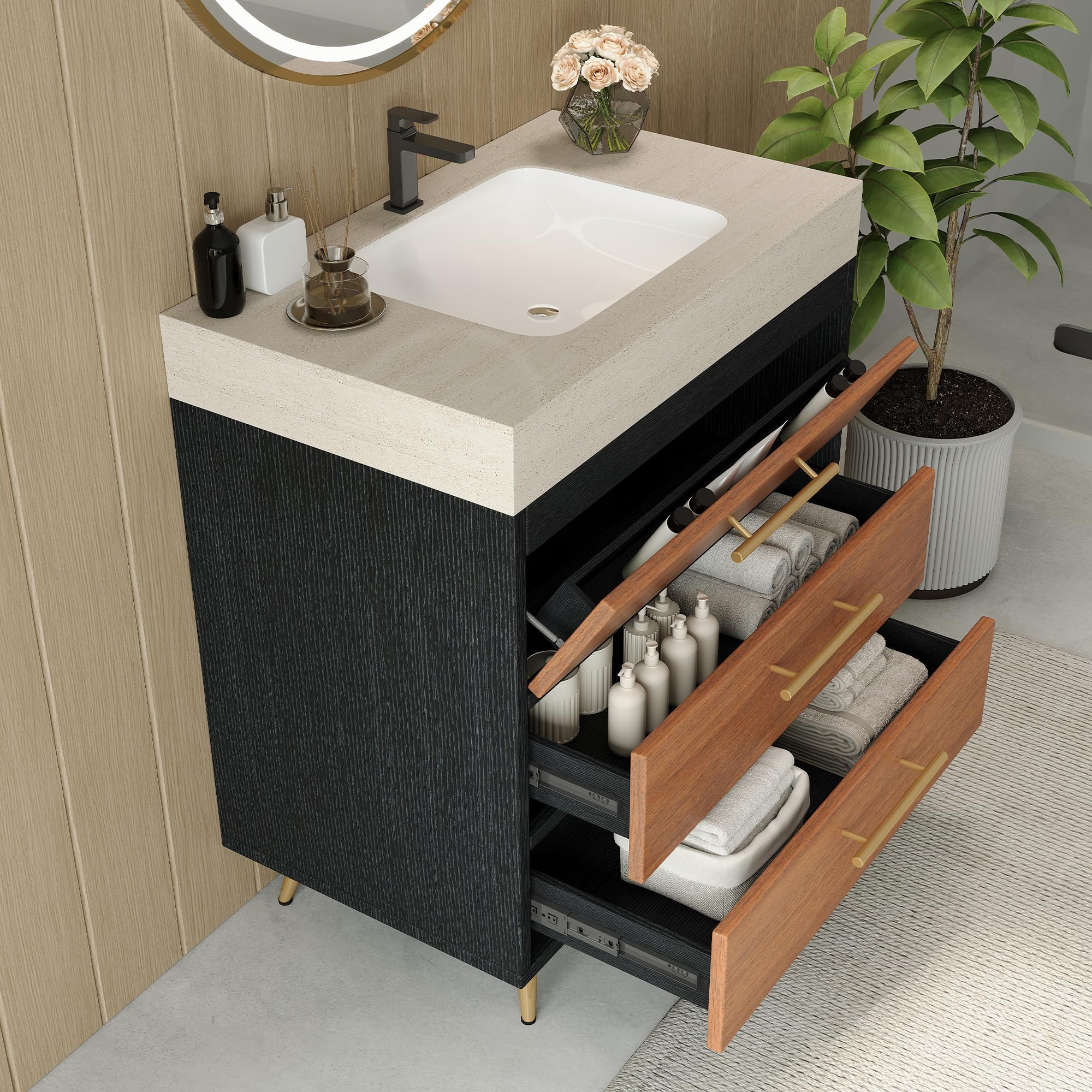 Glintee 36" Modern Bathroom Vanity with Ceramic Sink – Sintered Stone Top, 4 Soft-Close Drawers, Sturdy Solid Wood Cabinet, Wall-Mounted or Freestanding, Easy Assembly, Black & White