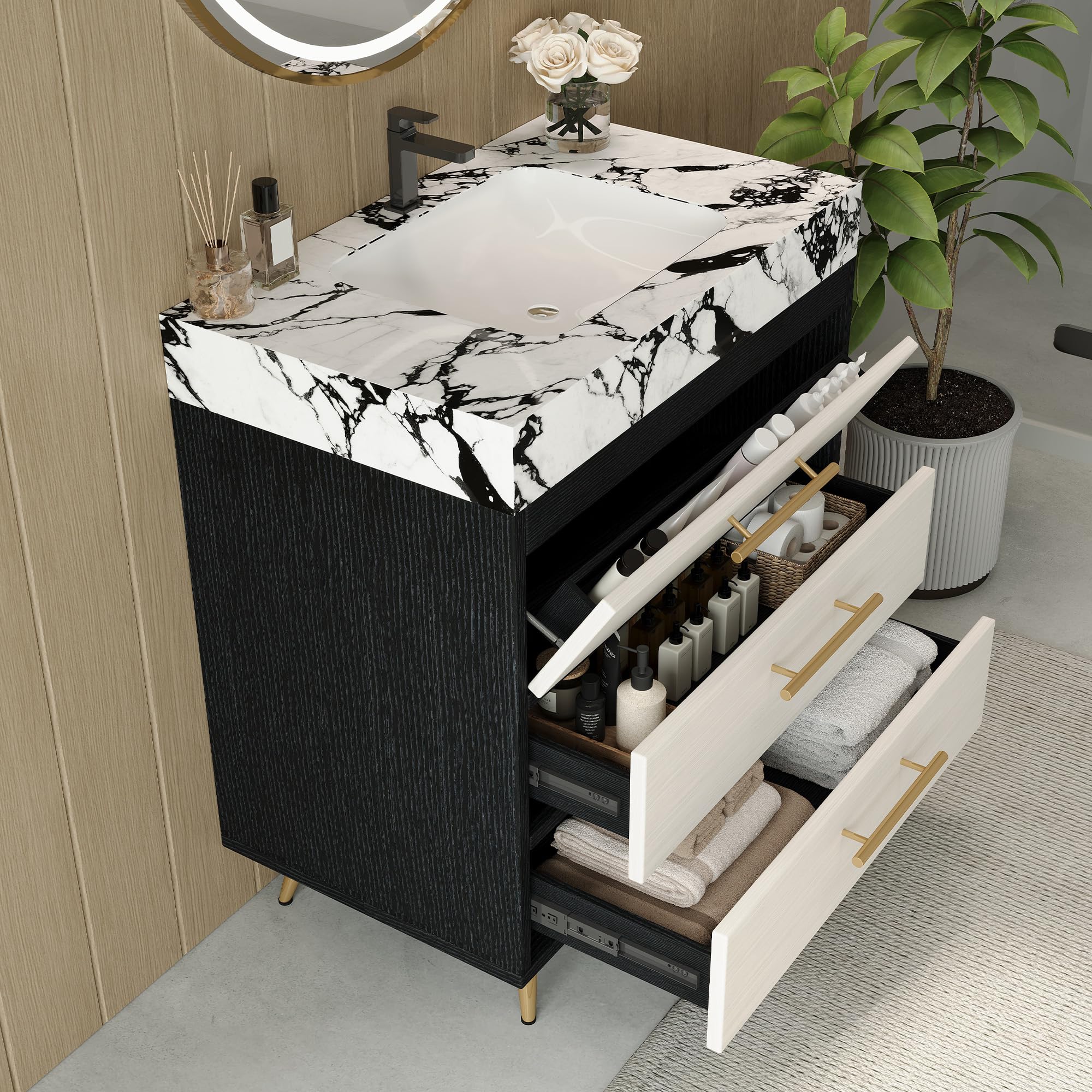 Glintee 36" Modern Bathroom Vanity with Ceramic Sink – Sintered Stone Top, 4 Soft-Close Drawers, Sturdy Solid Wood Cabinet, Wall-Mounted or Freestanding, Easy Assembly, Black & White