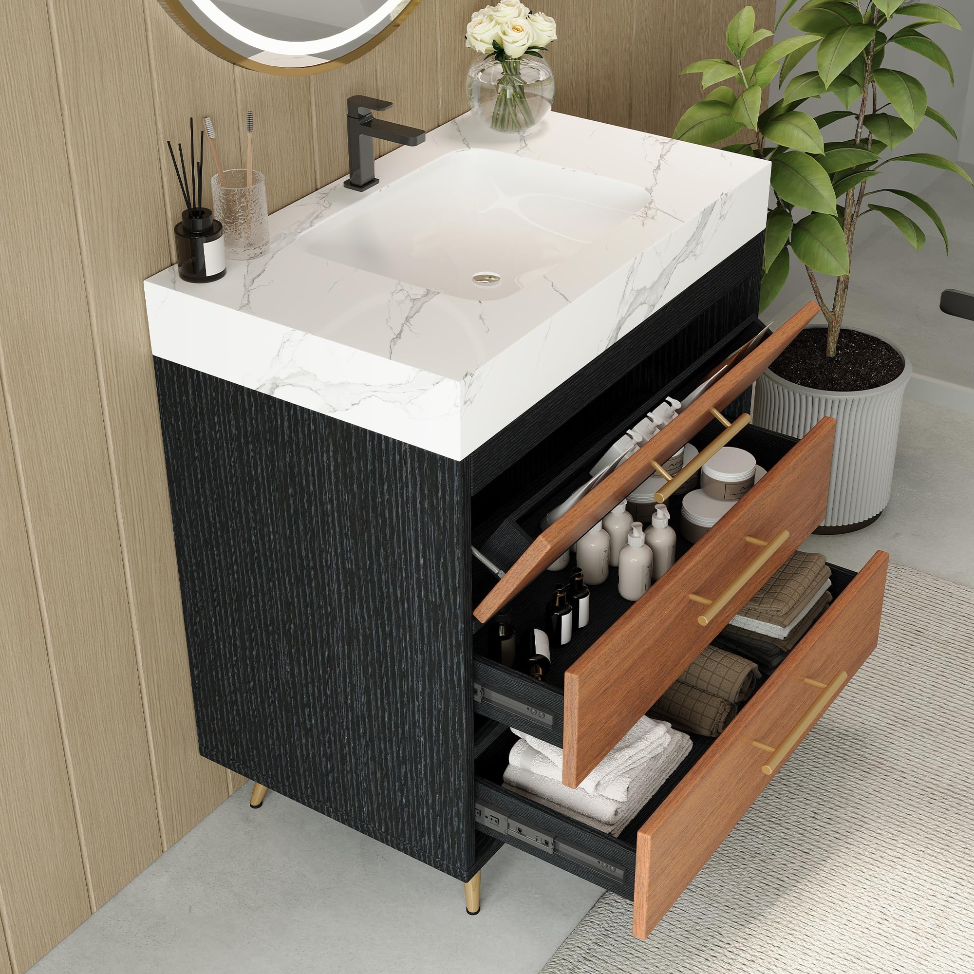 Glintee 36" Modern Bathroom Vanity with Ceramic Sink – Sintered Stone Top, 4 Soft-Close Drawers, Sturdy Solid Wood Cabinet, Wall-Mounted or Freestanding, Easy Assembly, Black & White
