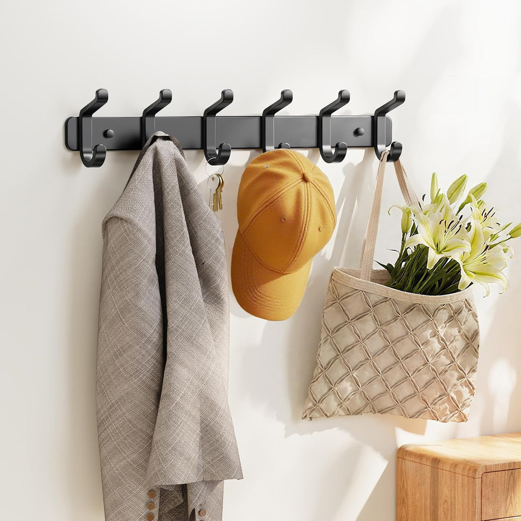 pickpiff Coat Rack Wall Mounted Heavy-Duty: Metal Coat Hanger 6 Hooks for Hanging Hat, Clothes, Robe, Keys, Backpack, Bathroom Towels, Jacket, Purse - Closet, Door, Entryway, Mudroom (Black, 1 Pack)