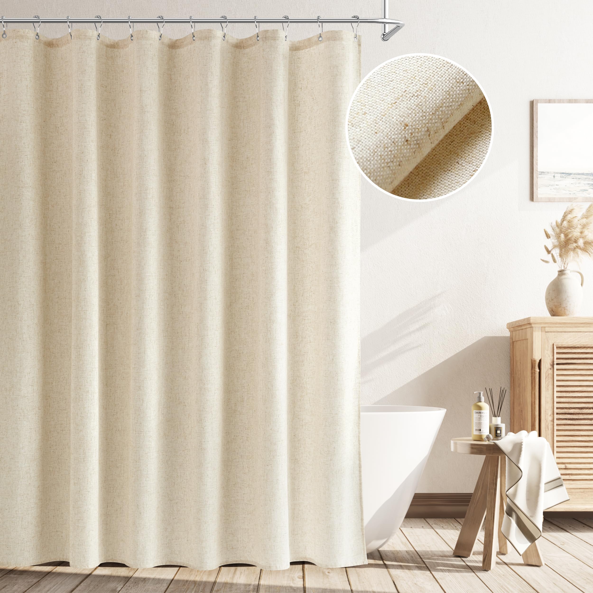 Naturoom Natural Linen Shower Curtain, Country Boho Farmhouse Bath Decor Beige Shower Curtains for Bathroom Neutral Cloth Weighted Textured Fabric Bath Curtain Liner with Hooks, Cream, 72 Inch