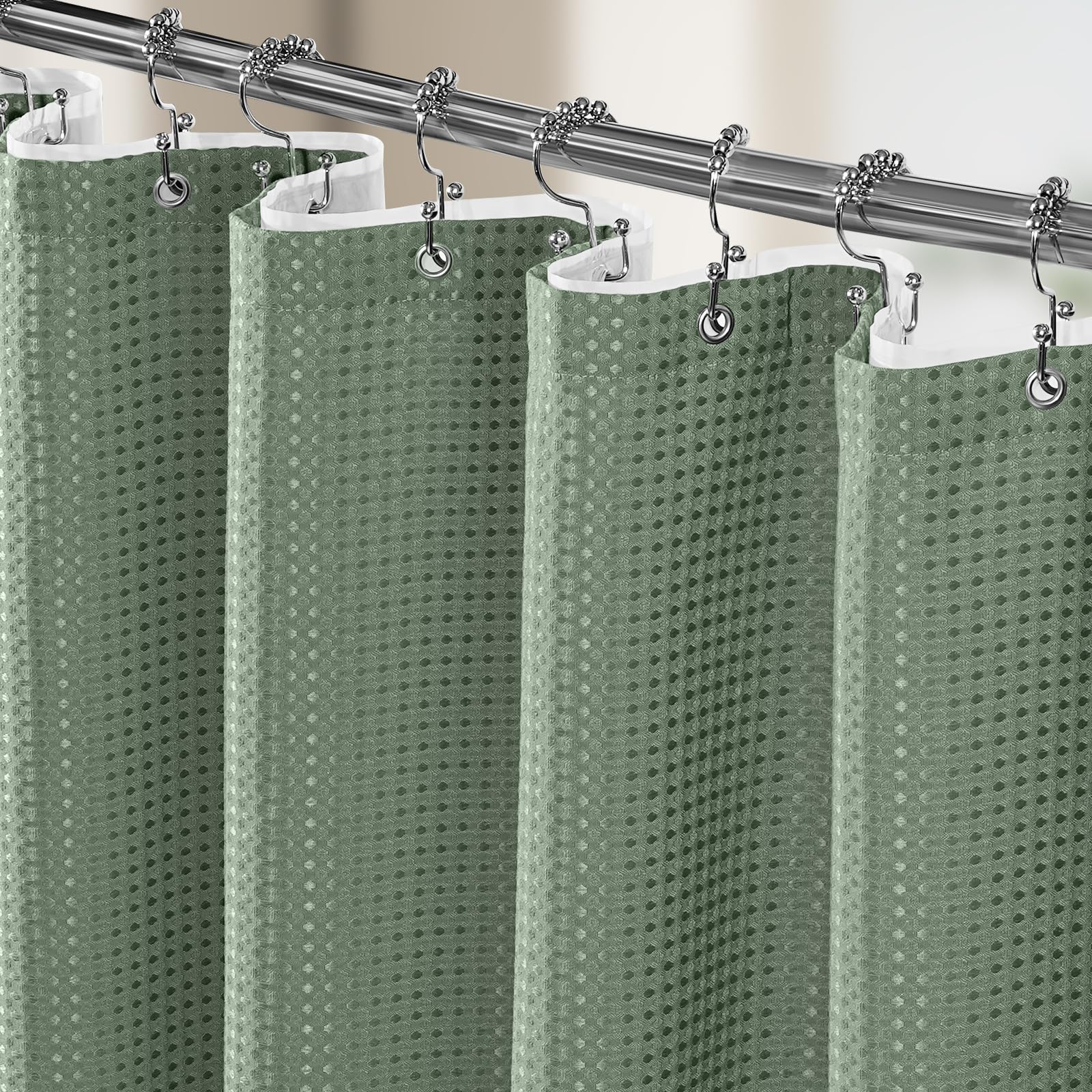 Vipfree 3 in 1 Shower Curtain Set, Waffle Shower Curtain and Liner Set with 12 Double Sided Shower Curtain Hooks, 258GSM Luxury Weighted Cloth Shower Curtains for Bathroom, 72 W x 72 H, White