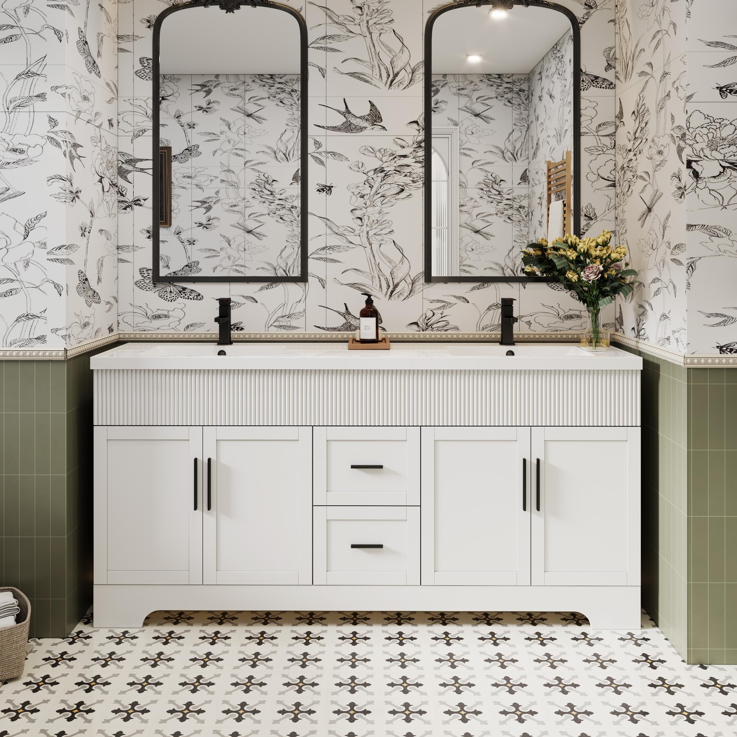eclife 36" Bathroom Vanities Sink Combo with Painted Surface, Modern Drawered Cabinet W/Decorative Wave Lines, Undermount Single Sink, Matte Black Faucet Drain, Gray Green