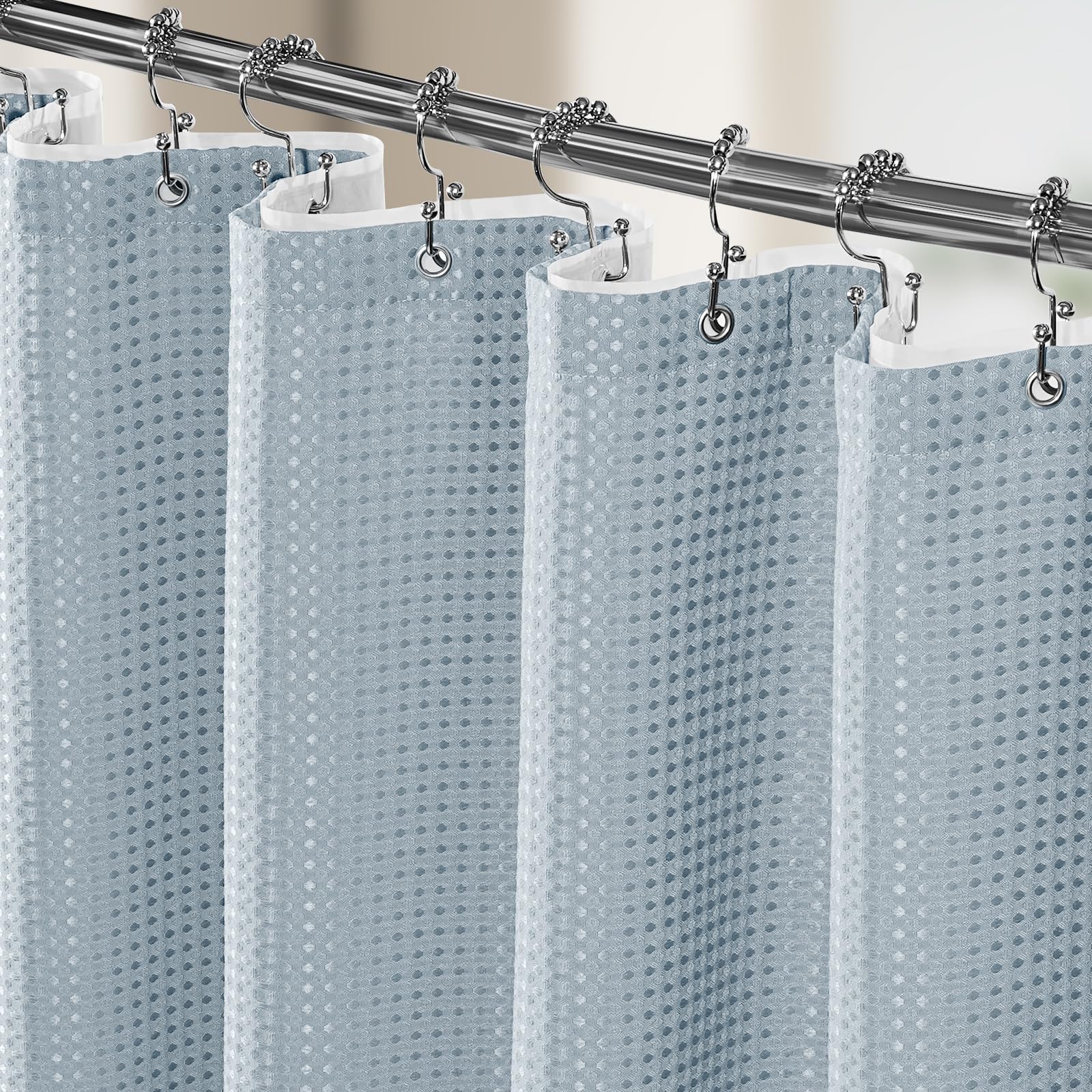 Vipfree 3 in 1 Shower Curtain Set, Waffle Shower Curtain and Liner Set with 12 Double Sided Shower Curtain Hooks, 258GSM Luxury Weighted Cloth Shower Curtains for Bathroom, 72 W x 72 H, White